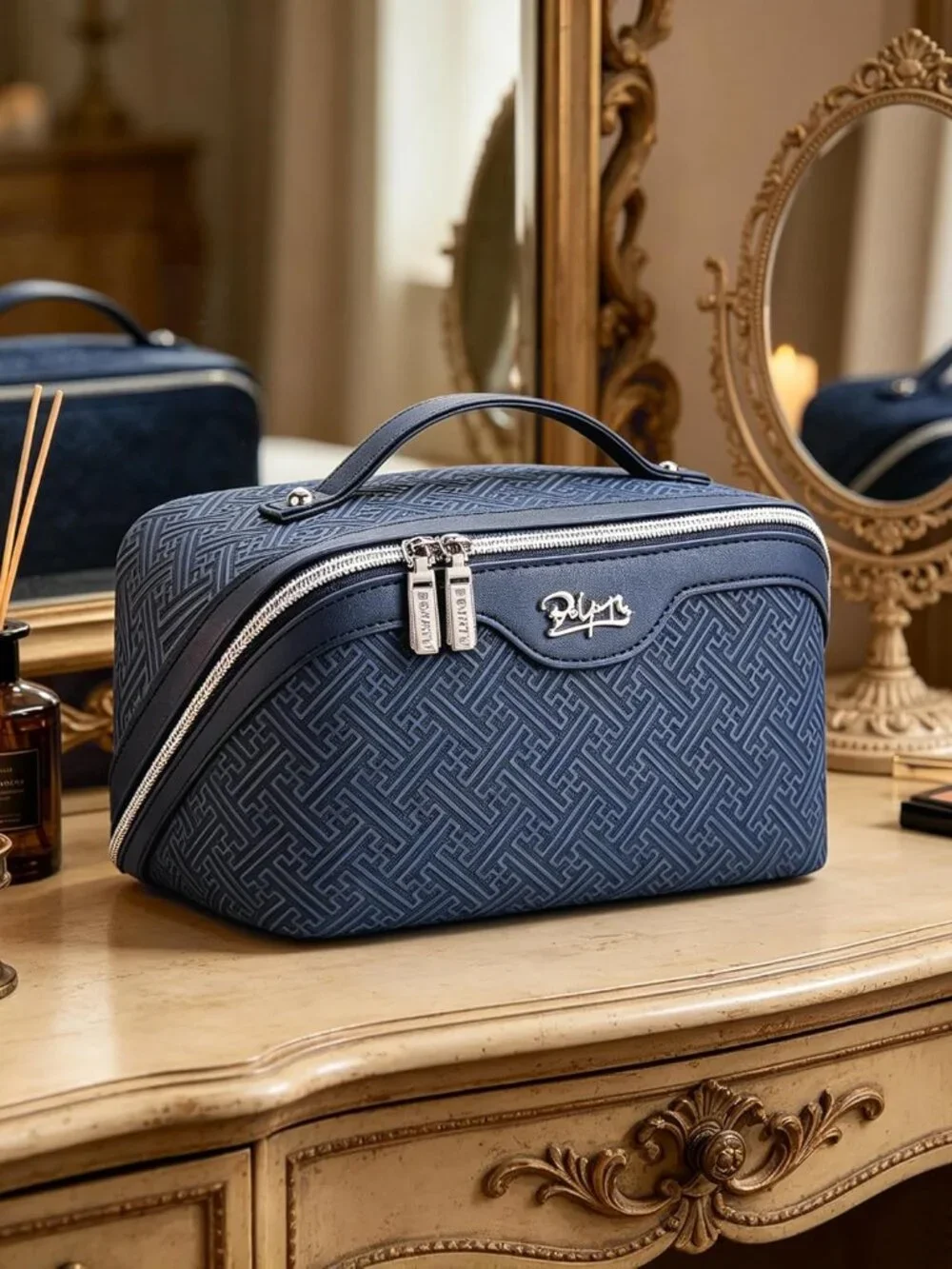 Navy Textured Travel Cosmetic Bag Set with Two Matching Pouches